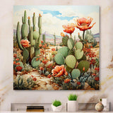 Coral Green Cactus Desert Blooms Pointillism III - Floral Canvas Wall Art