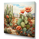 Coral Green Cactus Desert Blooms Pointillism III - Floral Canvas Wall Art