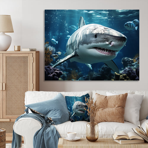 Teal Grey Shark Marine Symphony - Teal Shark Wall Art
