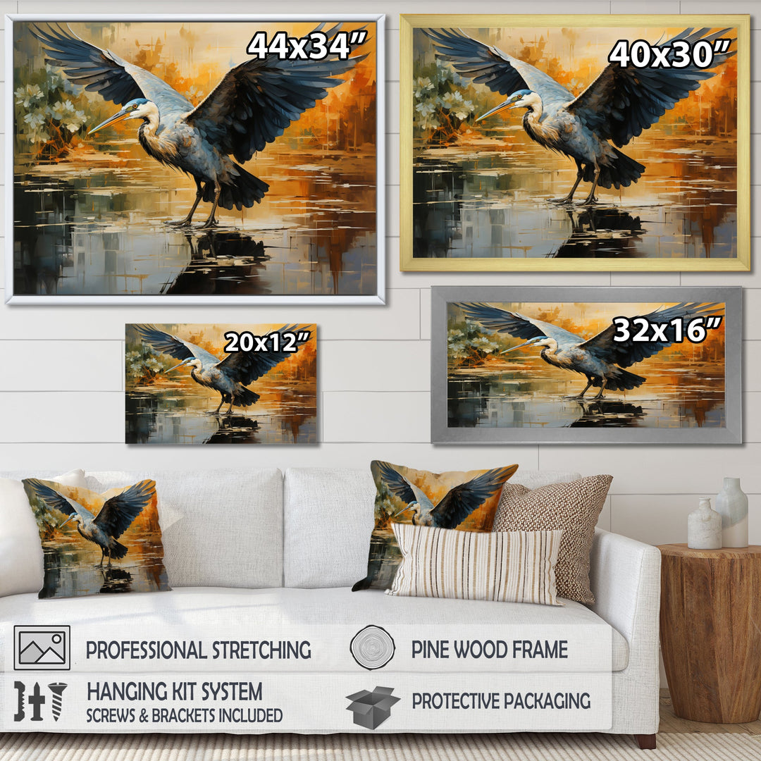 Black Yellow Heron Elegance Unveiled Pointillism - Heron Wall Decor
