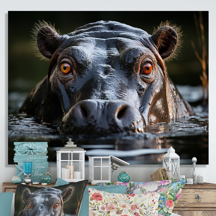 Hippopotamus Portrait Monochrome - Hippopotamus Framed Canvas Art