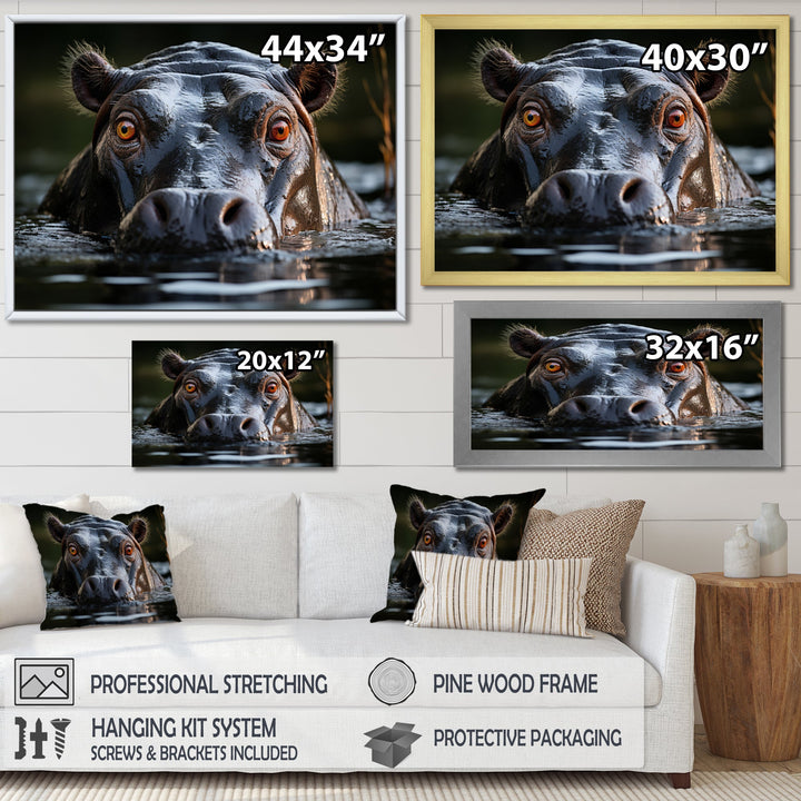 Hippopotamus Portrait Monochrome - Hippopotamus Framed Canvas Art