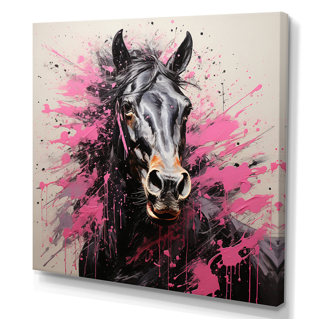 Black Pink Horse Vibrant Equine Pointillism - Horse Wall Decor