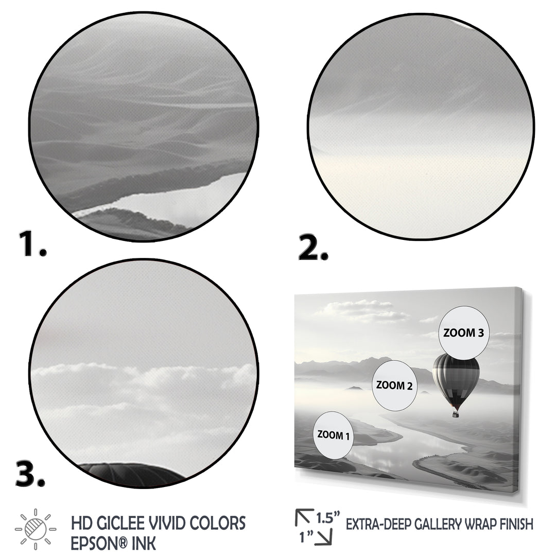 Grey Hot Air Balloon Monochrome - Hot Air Balloon Canvas Wall Art