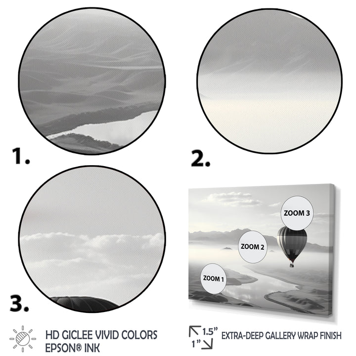 Grey Hot Air Balloon Monochrome - Hot Air Balloon Canvas Wall Art