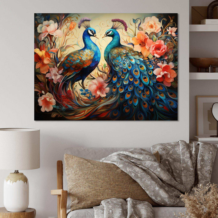 Blue Coral Indian Art Dancing Peacocks I - People Canvas Wall Art