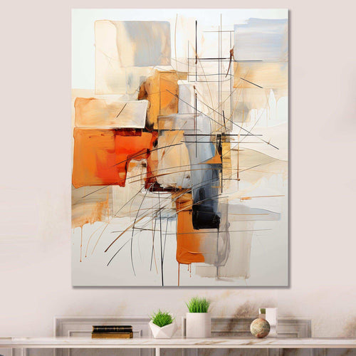 Designart Orange Grey Line Art Abstract Expressionism - Abstract Canvas Wall Art