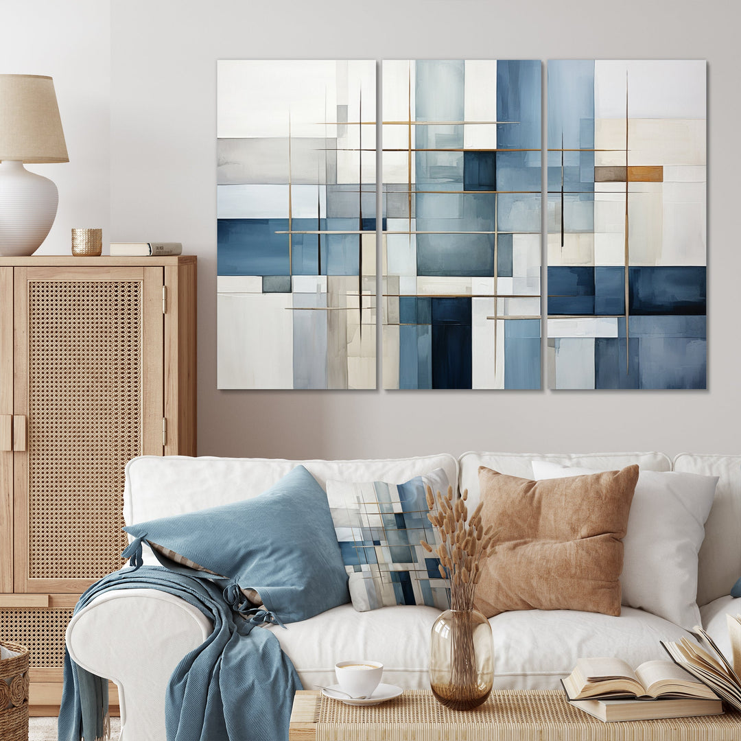 Blue Grey Line Art Abstract Geometrics I - Multi-Panels
