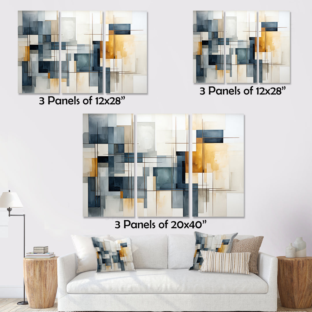 Blue Grey Line Art Abstract Geometrics III - Canvas Wall Art Sets