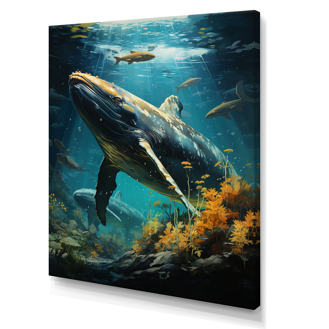 Teal Yellow Marine Animals Graceful Giants - Teal Marine Animals Wall Art