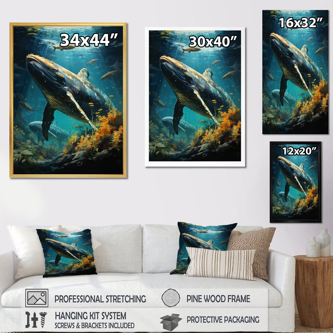 Teal Yellow Marine Animals Graceful Giants - Teal Marine Animals Wall Art