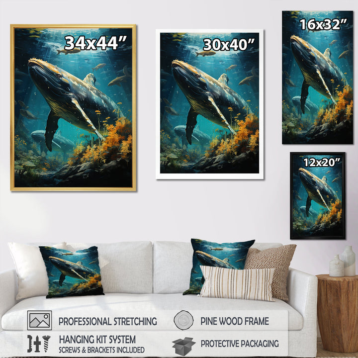 Teal Yellow Marine Animals Graceful Giants - Teal Marine Animals Wall Art