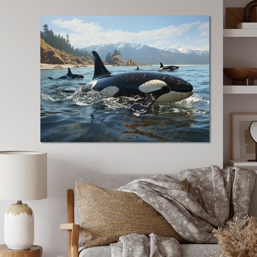 Black White Marine Animals Majestic Orcas - Marine Animals Living Room Wall Art