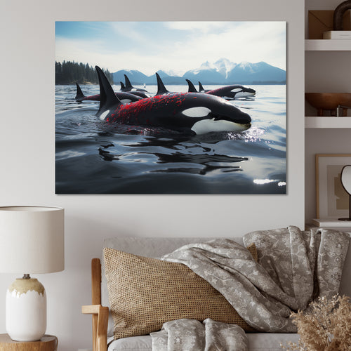 Black Red Marine Animals Majestic Orcas - Marine Animals Canvas Wall Art