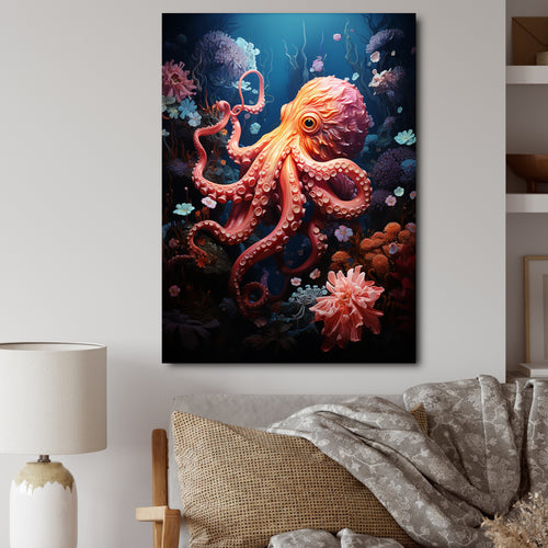 Coral Teal Octopus Dance - Marine Animals Framed Canvas Art