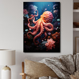 Coral Teal Octopus Dance - Marine Animals Framed Canvas Art