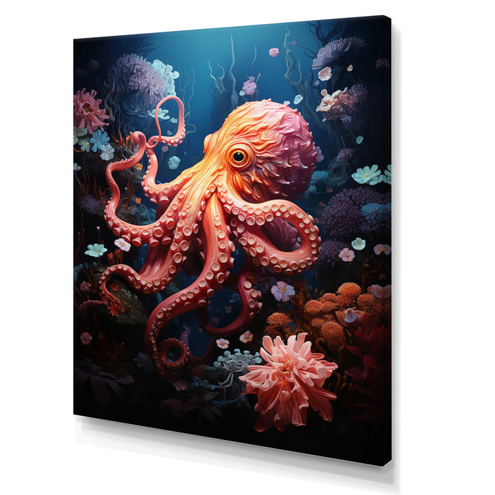 Coral Teal Octopus Dance - Marine Animals Framed Canvas Art