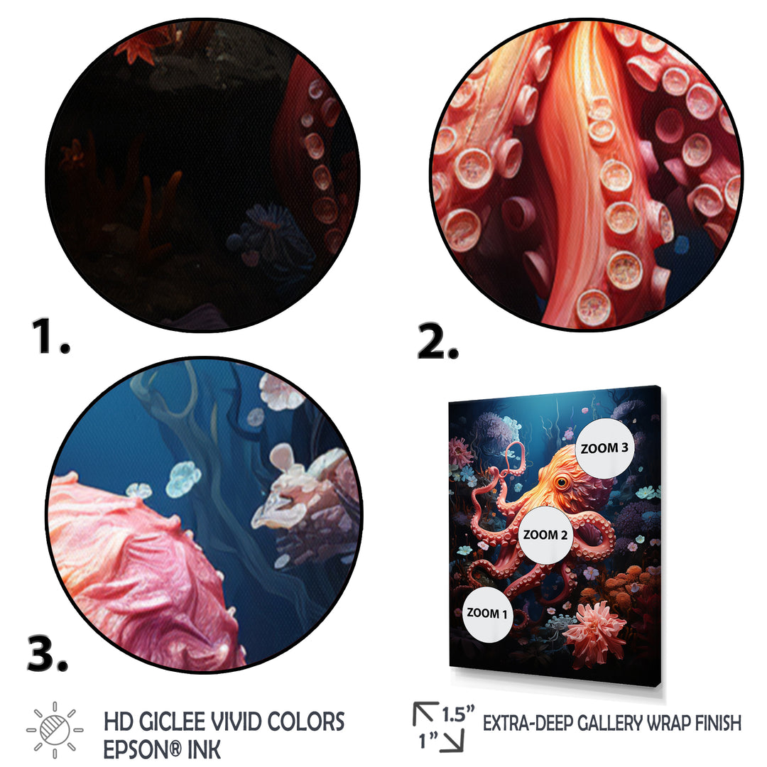 Coral Teal Octopus Dance - Marine Animals Framed Canvas Art