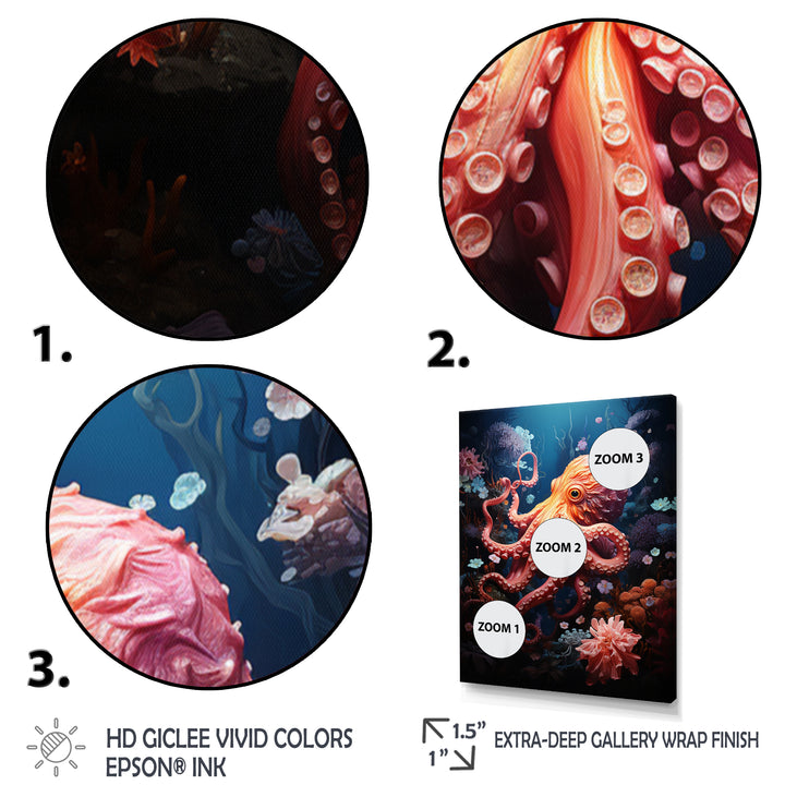Coral Teal Octopus Dance - Marine Animals Framed Canvas Art