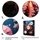 Coral Teal Octopus Dance - Marine Animals Framed Canvas Art