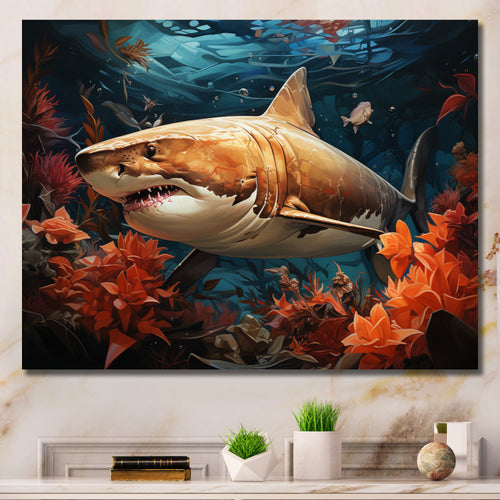 Grey Orange Shark Underwater Symphony - Marine Animals Canvas Wall Art