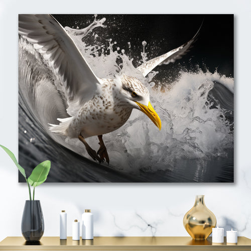 Grey Yellow Seagull Surfing On Waves - Marine Animals Wall Decor