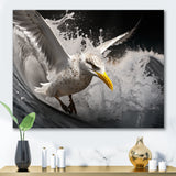 Grey Yellow Seagull Surfing On Waves - Marine Animals Wall Decor