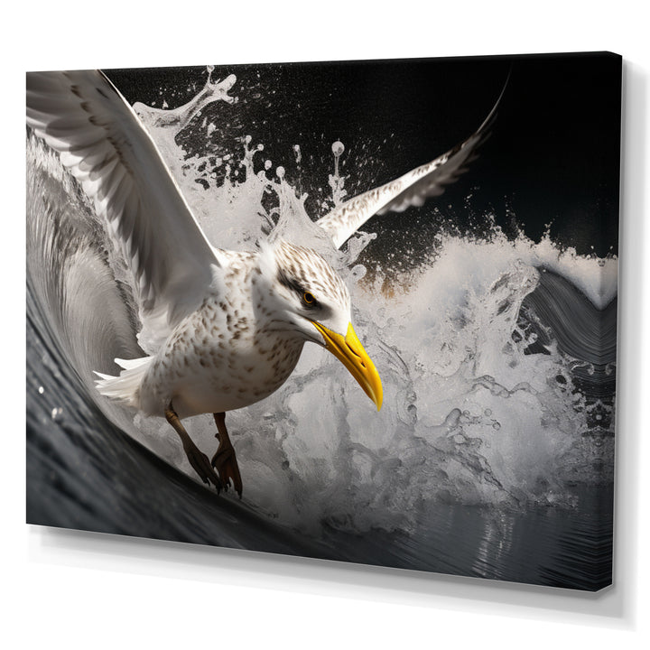 Grey Yellow Seagull Surfing On Waves - Marine Animals Wall Decor