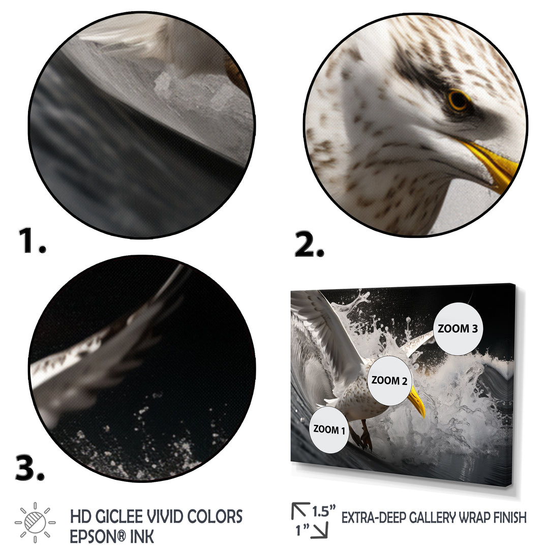 Grey Yellow Seagull Surfing On Waves - Marine Animals Wall Decor
