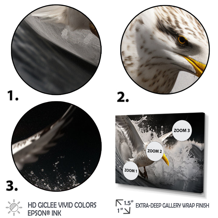 Grey Yellow Seagull Surfing On Waves - Marine Animals Wall Decor