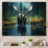 Green Moose Forest Dusk - Moose Framed Canvas Art