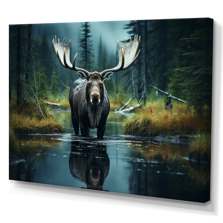 Green Moose Forest Dusk - Moose Framed Canvas Art