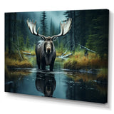 Green Moose Forest Dusk - Moose Framed Canvas Art
