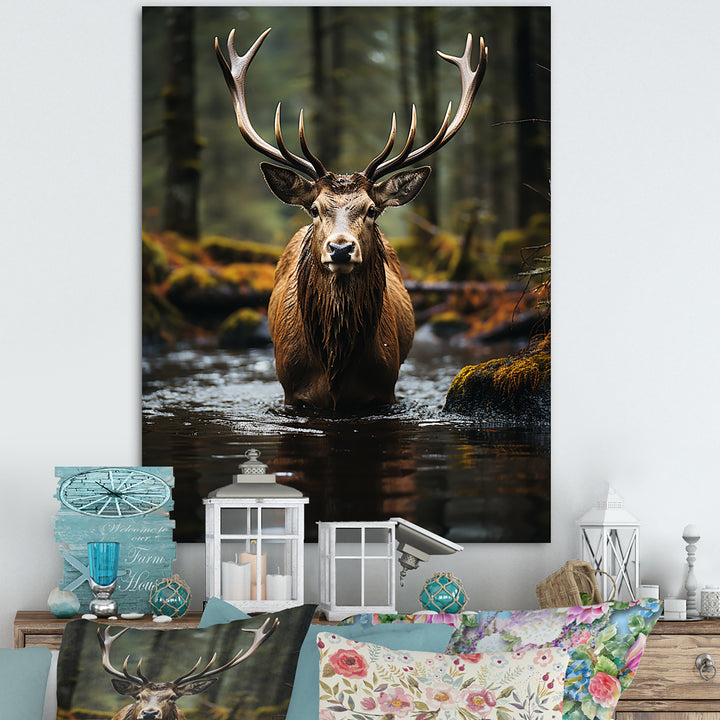 Brown Green Moose Portrait Vibrant - Moose Framed Canvas Art