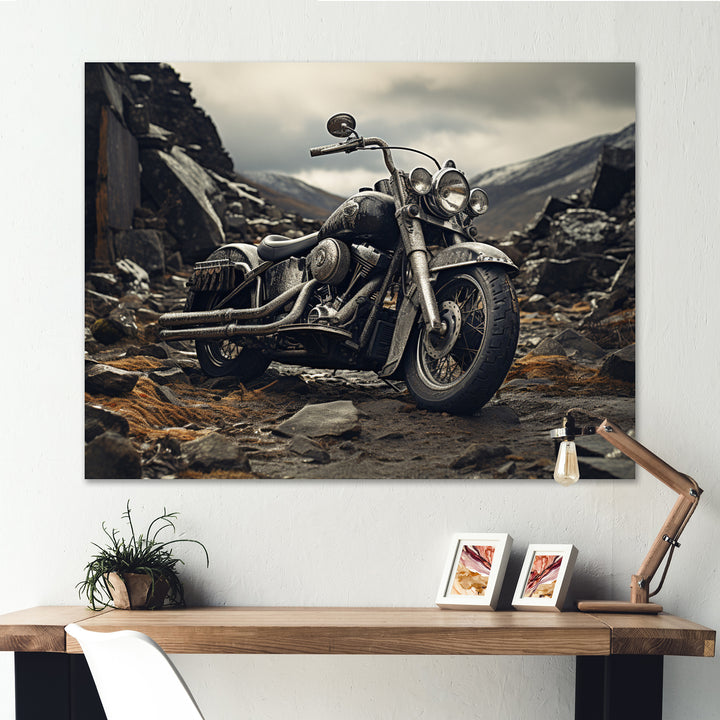 Grey Motorcycle Monochrome Landscape Photography I - Motorcycle Canvas Wall Art