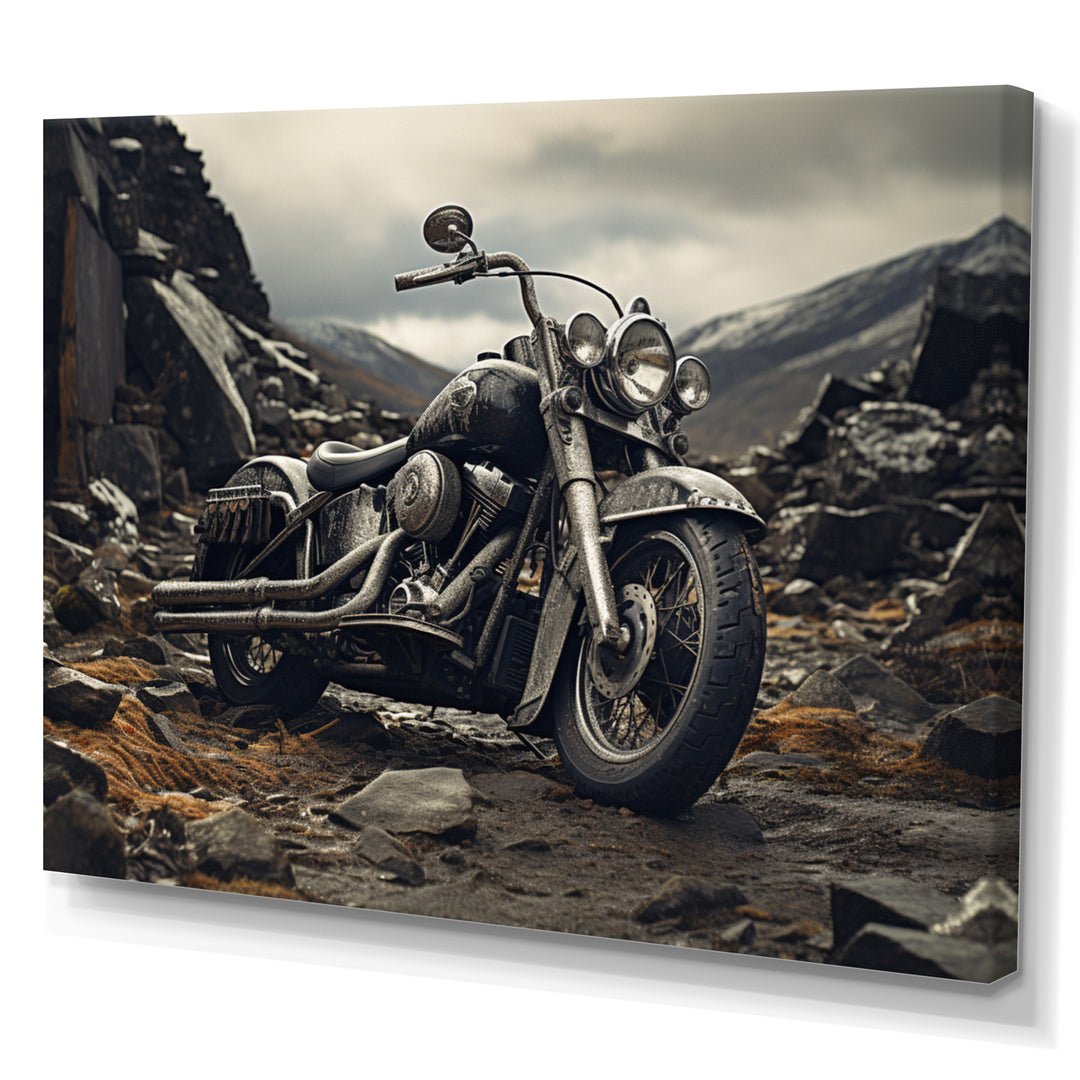 Grey Motorcycle Monochrome Landscape Photography I - Motorcycle Canvas Wall Art