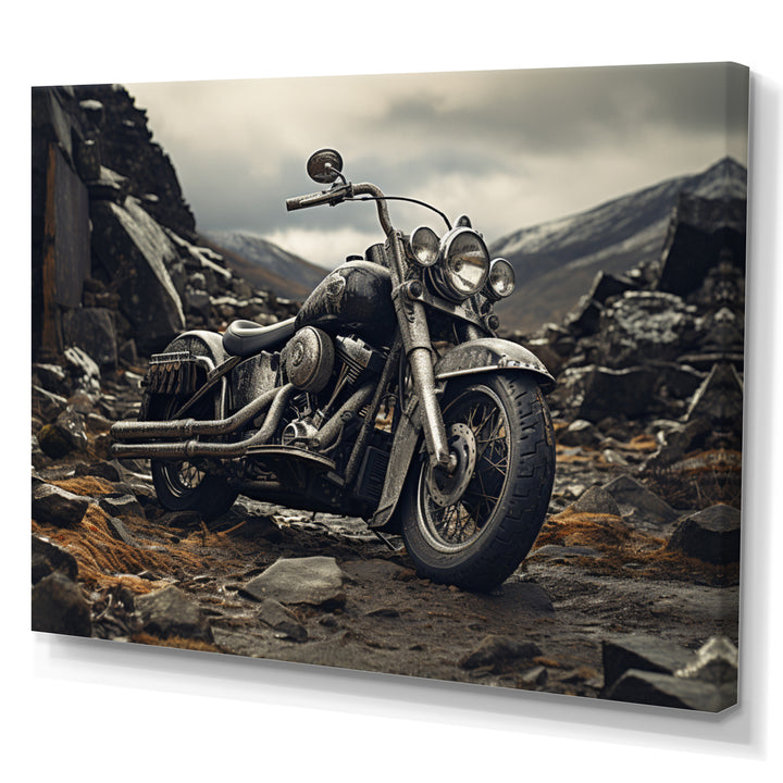 Grey Motorcycle Monochrome Landscape Photography I - Motorcycle Canvas Wall Art