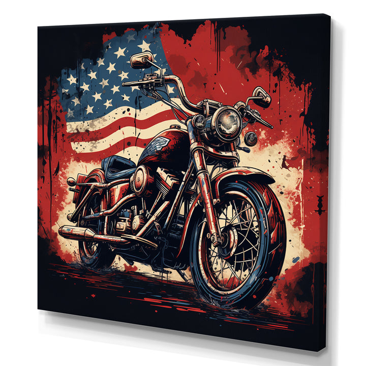 Red Blue Motorcycle American Flag Background - Motorcycle Canvas Wall Art