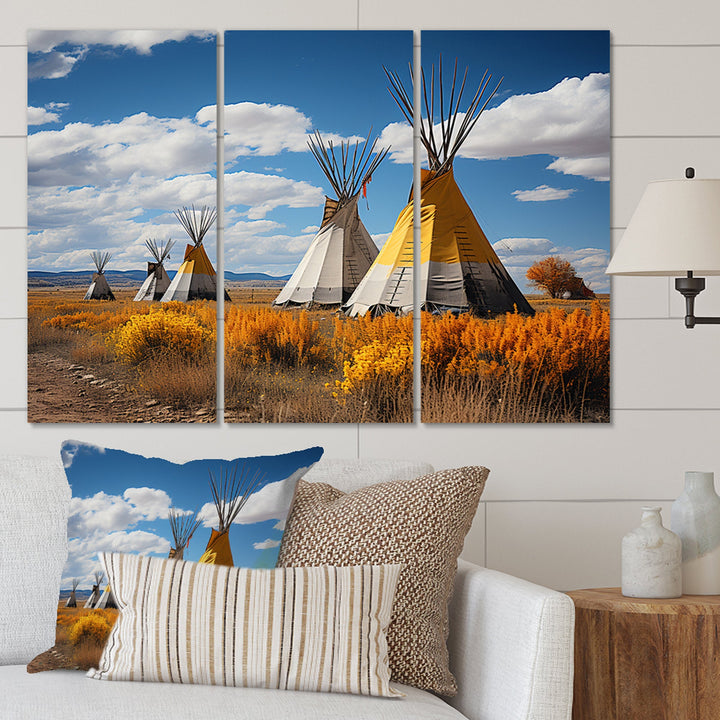 Yellow Native Tipi Path To Spirituality III - Canvas Multipanels Set of 3