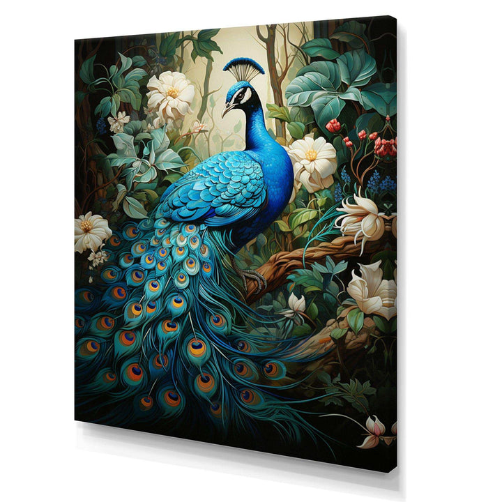 Teal Peacock Monochrome - Animals Canvas Wall Art