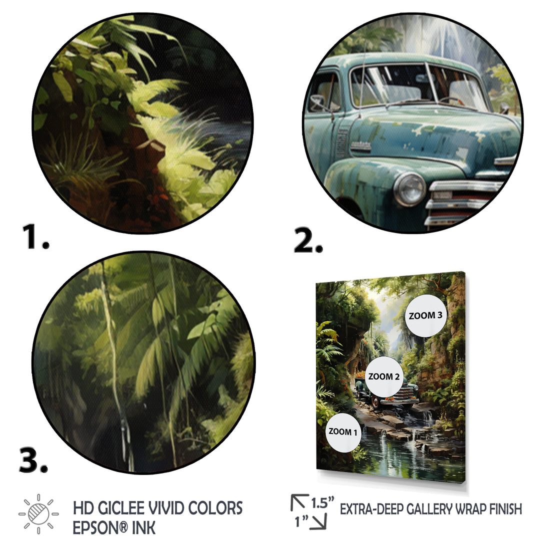 Green Pickup Truck Enchanting Waterfall I - Pickup Truck Canvas Wall Art