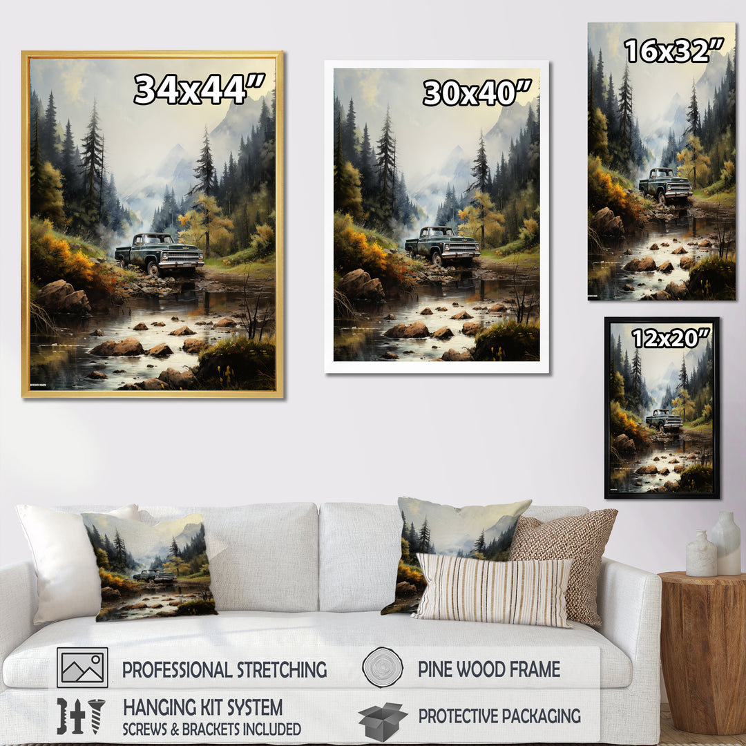 Green Pickup Truck Misty Mountains I - Pickup Truck Canvas Wall Art