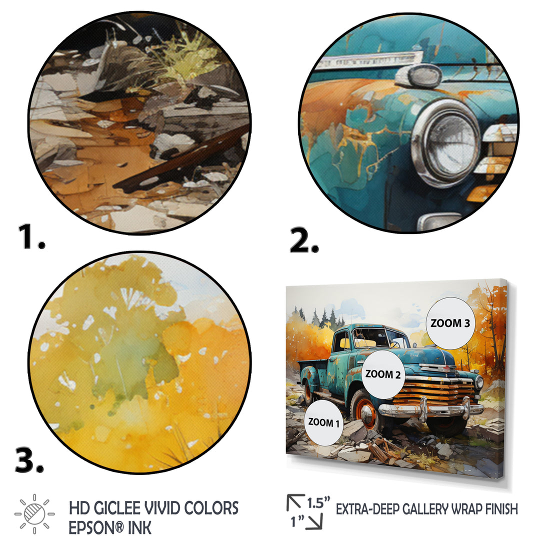 Teal Vintage Pickup Automn Offroad I - Pickup Truck Canvas Wall Art