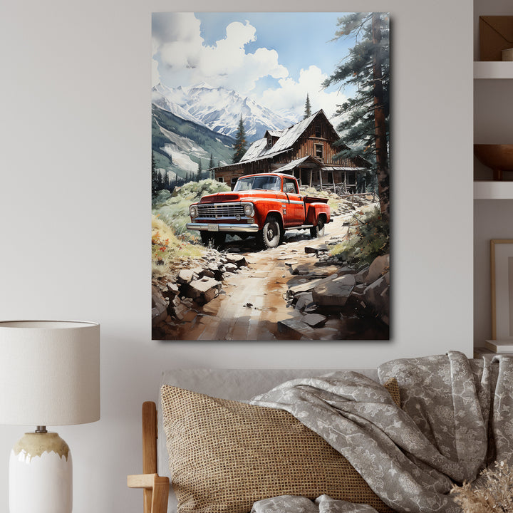 Red Pickup Truck Mountain Retreat - Pickup Truck Canvas Wall Art