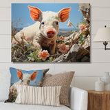 Pink Curious Piglet Pastoral - Pig Framed Canvas Art