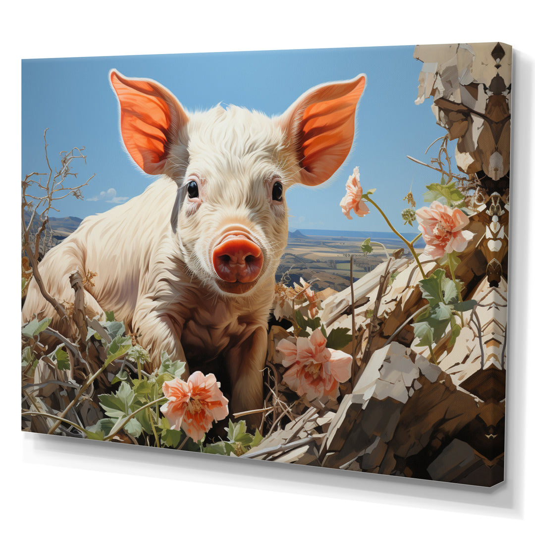 Pink Curious Piglet Pastoral - Pig Framed Canvas Art