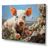 Pink Curious Piglet Pastoral - Pig Framed Canvas Art