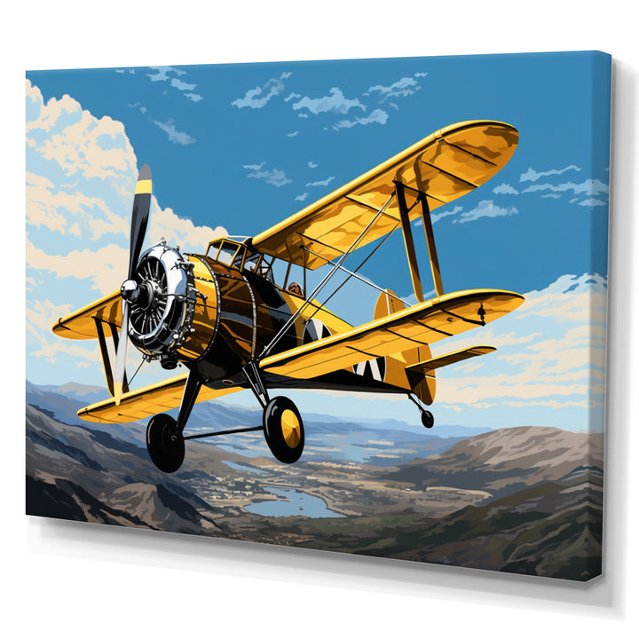 Yellow Airplane Over The Lake - Plane Canvas Wall Art