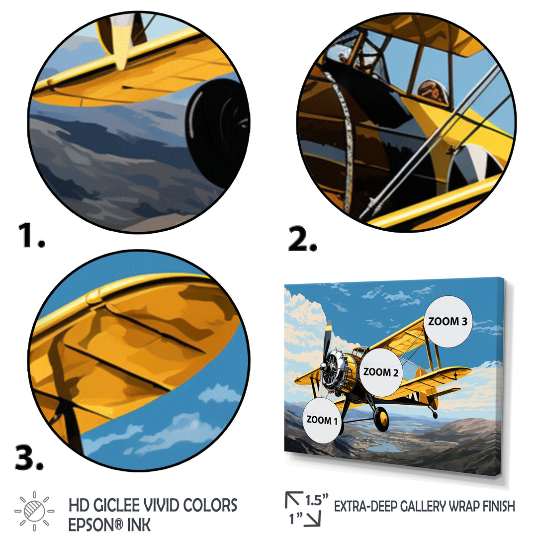 Yellow Airplane Over The Lake - Plane Canvas Wall Art