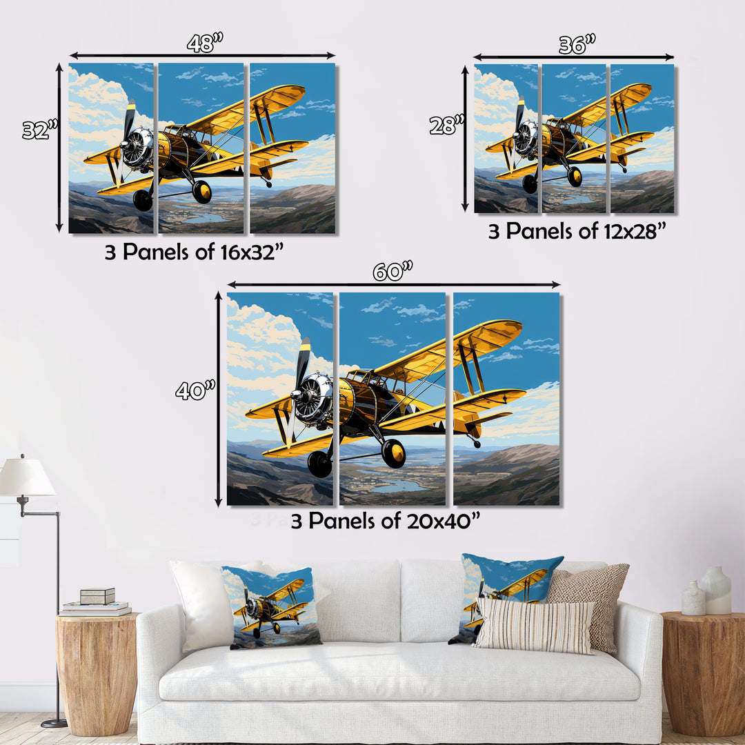 Yellow Airplane Over The Lake - Plane Canvas Wall Art